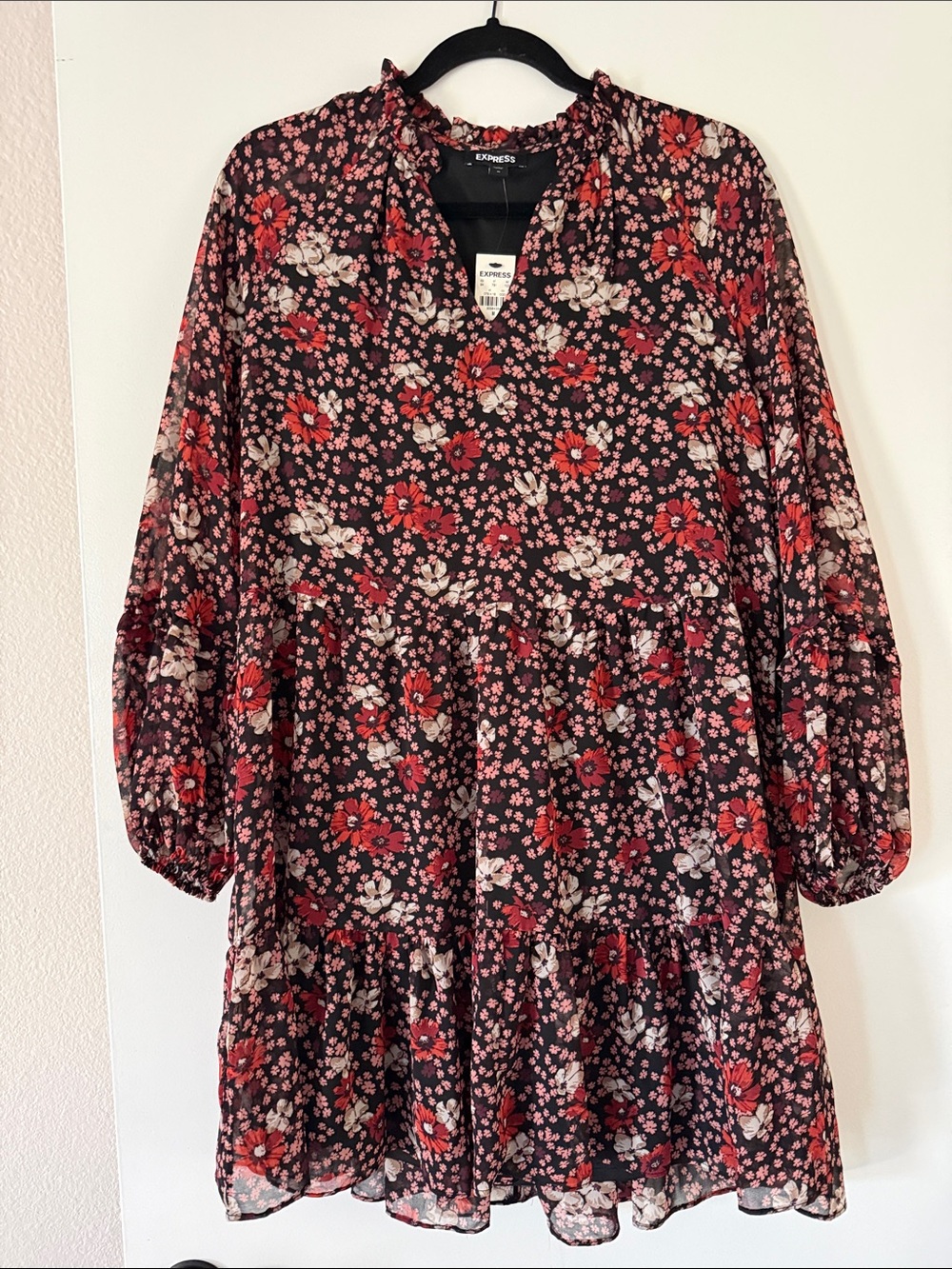 Express Black Floral Tiered Mini Dress with Red and Cream Blooms